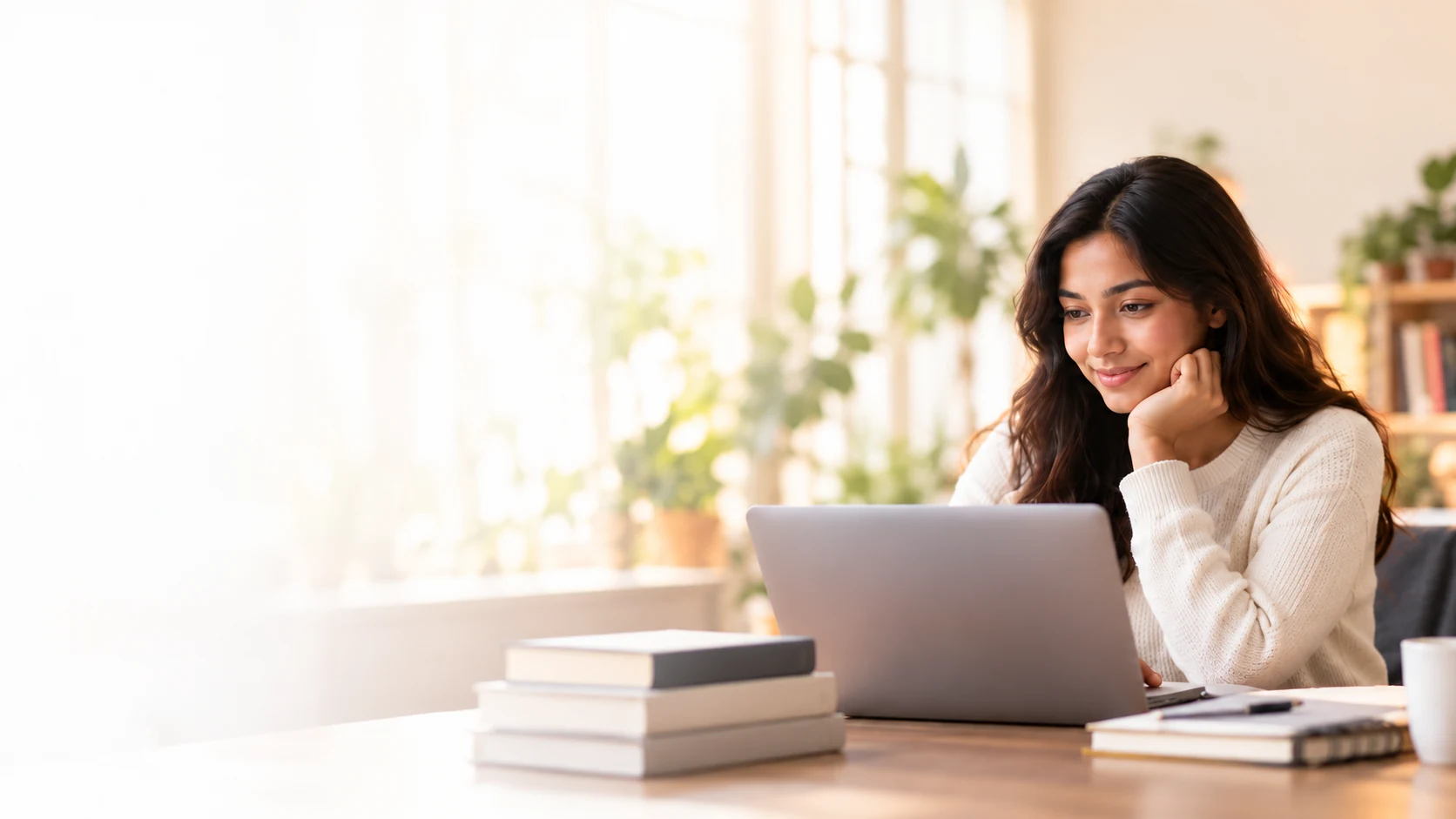 Student studying at her laptop in a warm academic setting